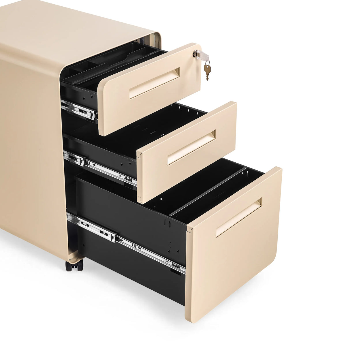 Öppna lådor och lås på den beige metallrullcontainern COLOR PLUS I från hjh OFFICE