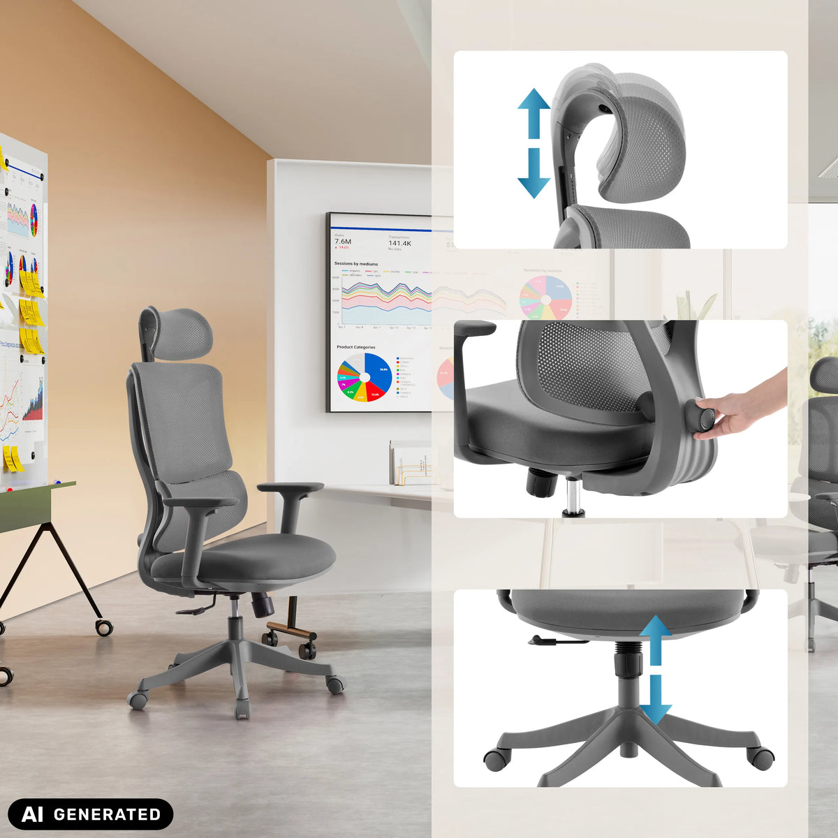 Justerbart nackstöd, ryggstöd och sitthöjd på Ergomy Colore Home Office kontorsstol från MyBuero (AI-genererad bild)