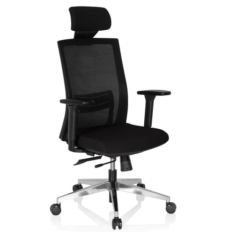 Svart Professionell chefsfåtölj CAPTIVA med nätryggstöd, nackstöd och aluminiumfotkors från hjh OFFICE