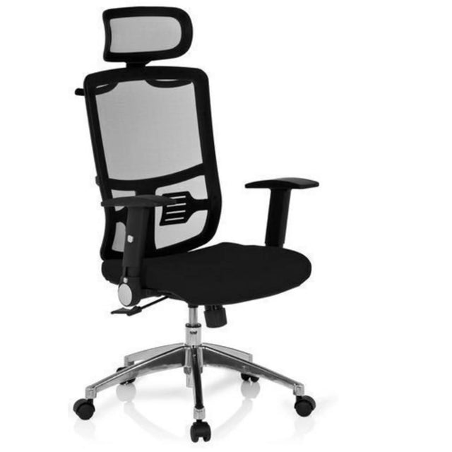 Professionell kontorsstol CAYEN med svart nätrygg, nackstöd och silverfärgat underrede från hjh OFFICE