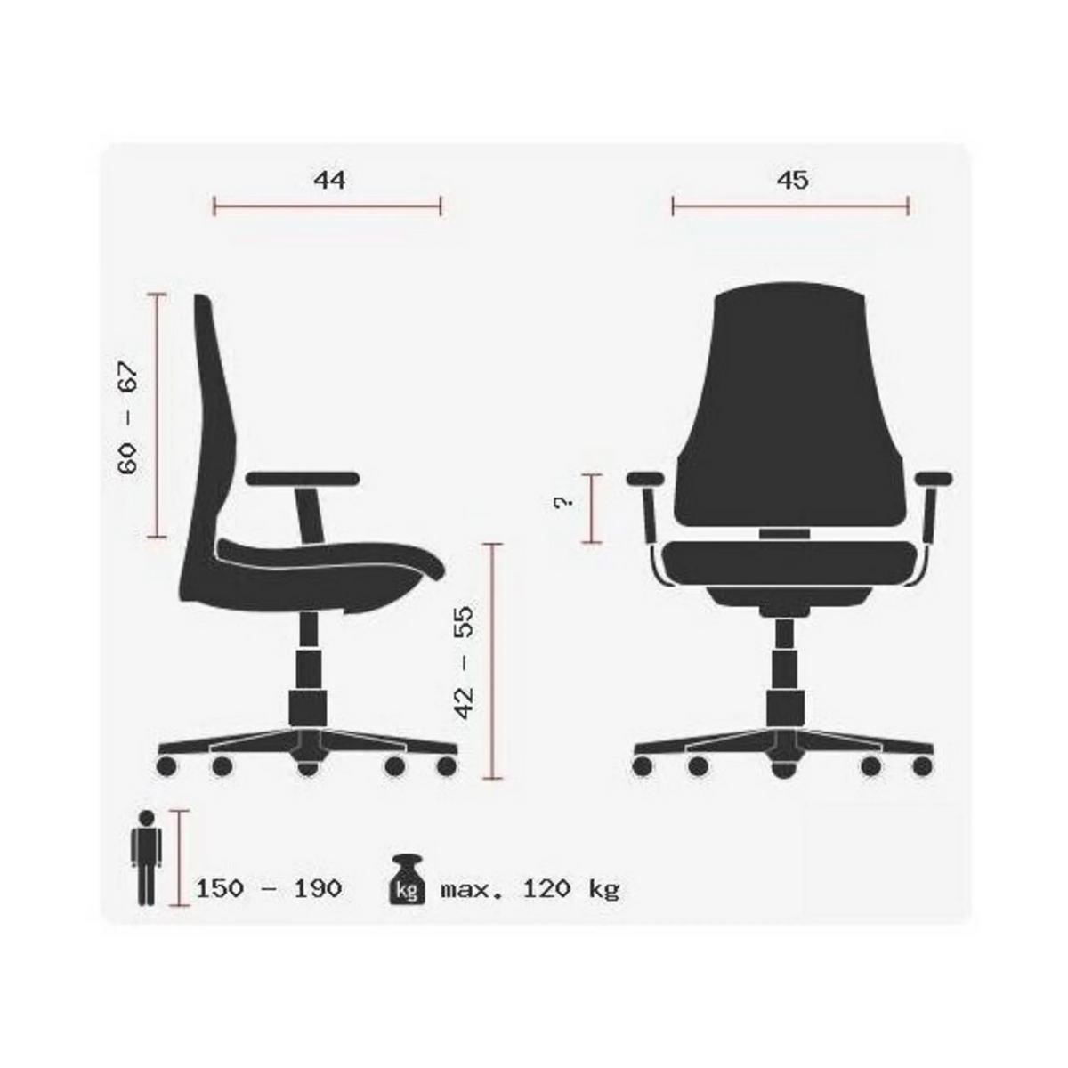 Teknisk ritning av Professionell kontorsstol ERGO SYDNEY med en maximal belastning på 120 kg från Topstar