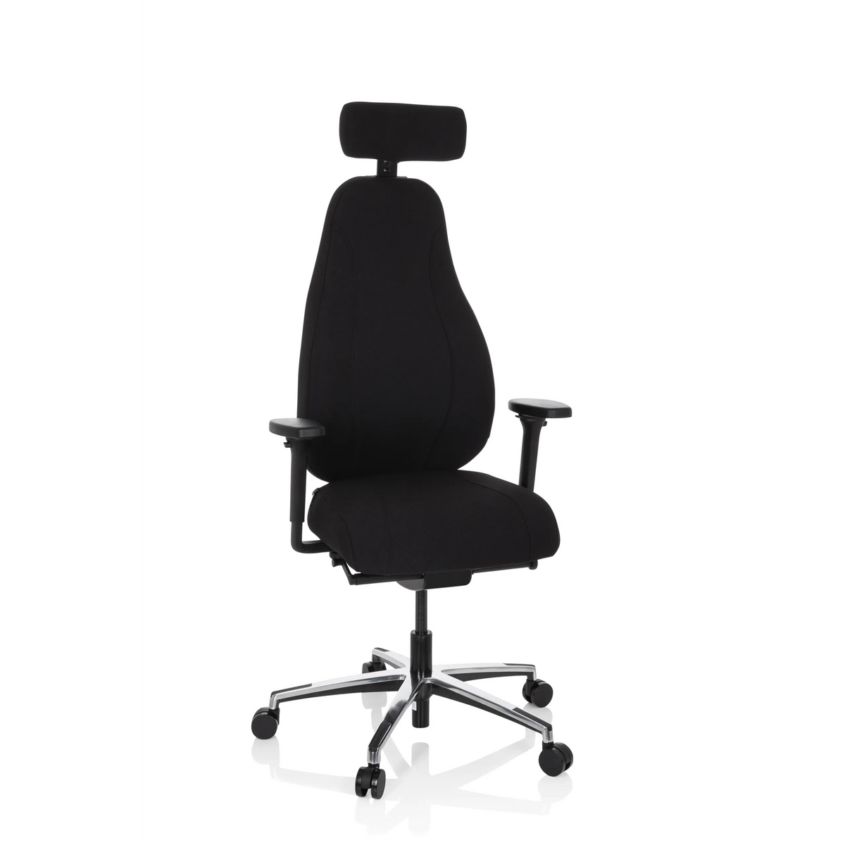 Svart Hög kontorsstol RESISTIO med nackstöd och femhjulig fotkorsbas från hjh OFFICE – 360-gradersvy (framifrån 20°)