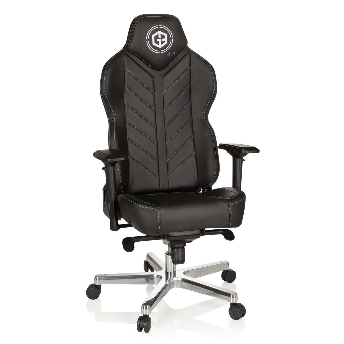 Svart Spelstol GAMEBREAKER COLOSSUS med armstöd och blankt femekrat underrede med hjul från hjh OFFICE – 360-gradersvy (framifrån 20°)
