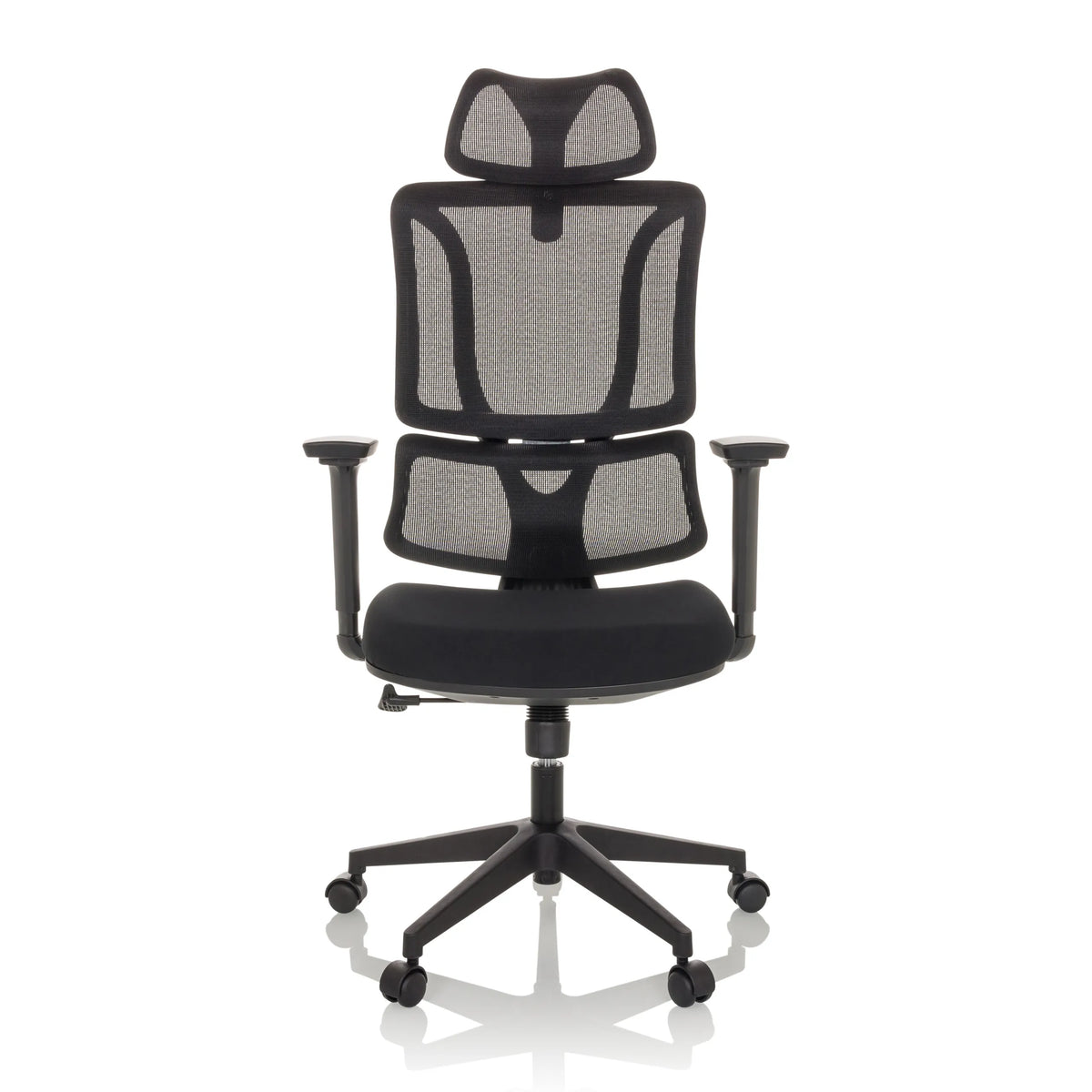 Svart Home Office kontorsstol ERGOMY med nätrygg och femstjärnig fotkorsbas med hjul från MyBuero – 360-gradersvy (framifrån 0°)