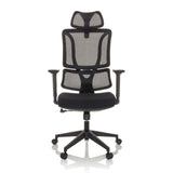 Svart Home Office kontorsstol ERGOMY med nätrygg och femstjärnig fotkorsbas med hjul från MyBuero – 360-gradersvy (framifrån 0°)