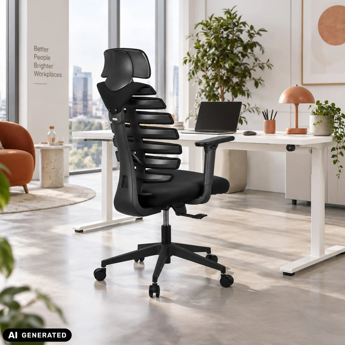 Svart professionell kontorsstol ERGO LINE ECO med nätryggstöd och nackstöd från hjh OFFICE (AI-genererad bild)