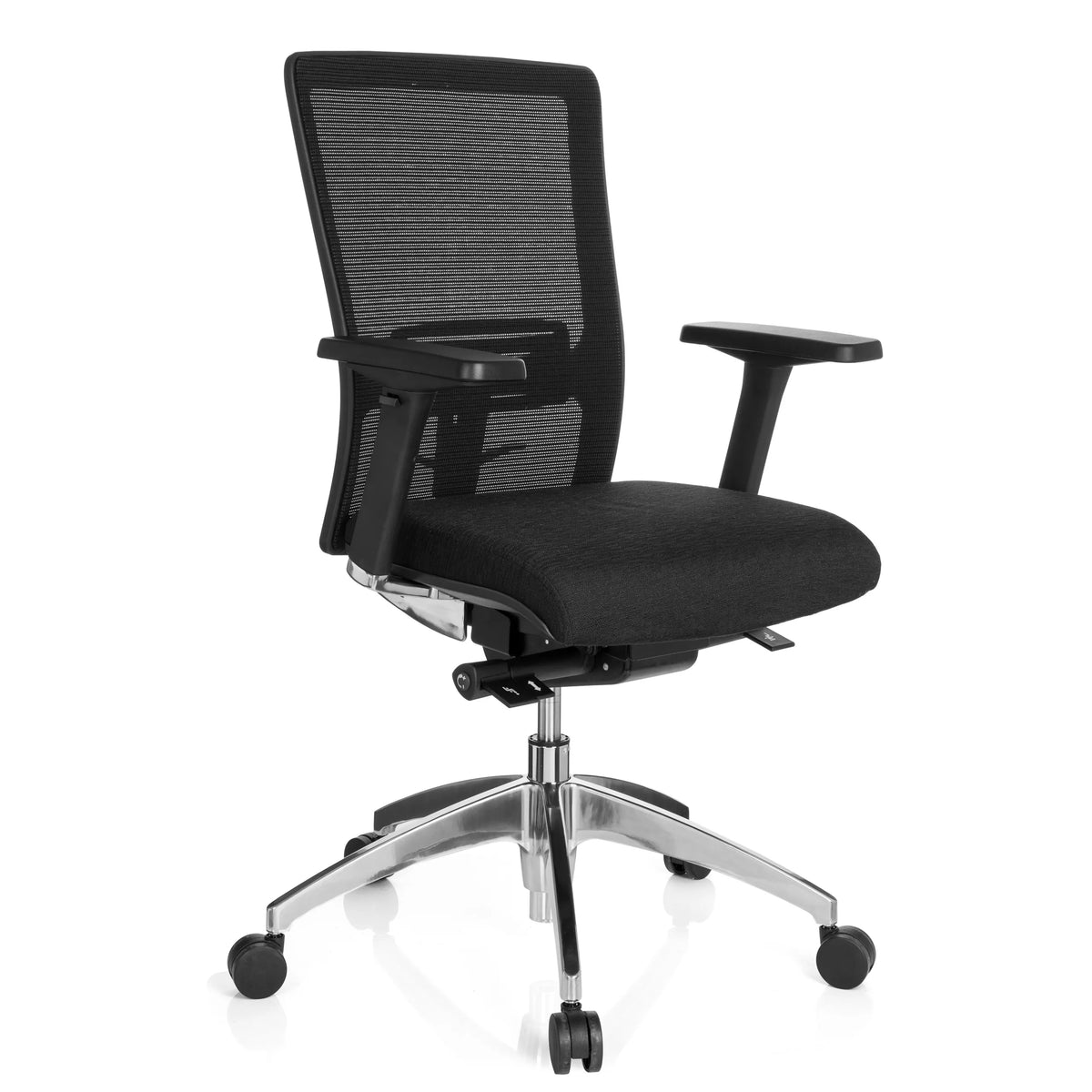Svart Professionell kontorsstol ASTRA BASE N med nätrygg och blank femstjärnig fot med hjul från hjh OFFICE – 360-gradersvy (snett framifrån 40°)
