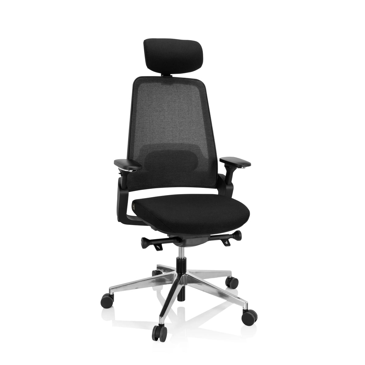 Svart Professionell kontorsstol BRACIO med nätrygg, nackstöd och femhjulig fotkorsbas från hjh OFFICE – 360-gradersvy (framifrån 20°)