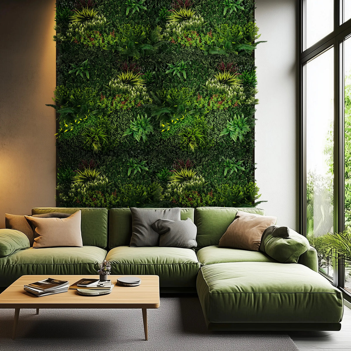 Grüne Pflanzenmatte LEAFLUXE 3D als vertikale Wandbegrünung in einem Wohnraum von hjh LIVING