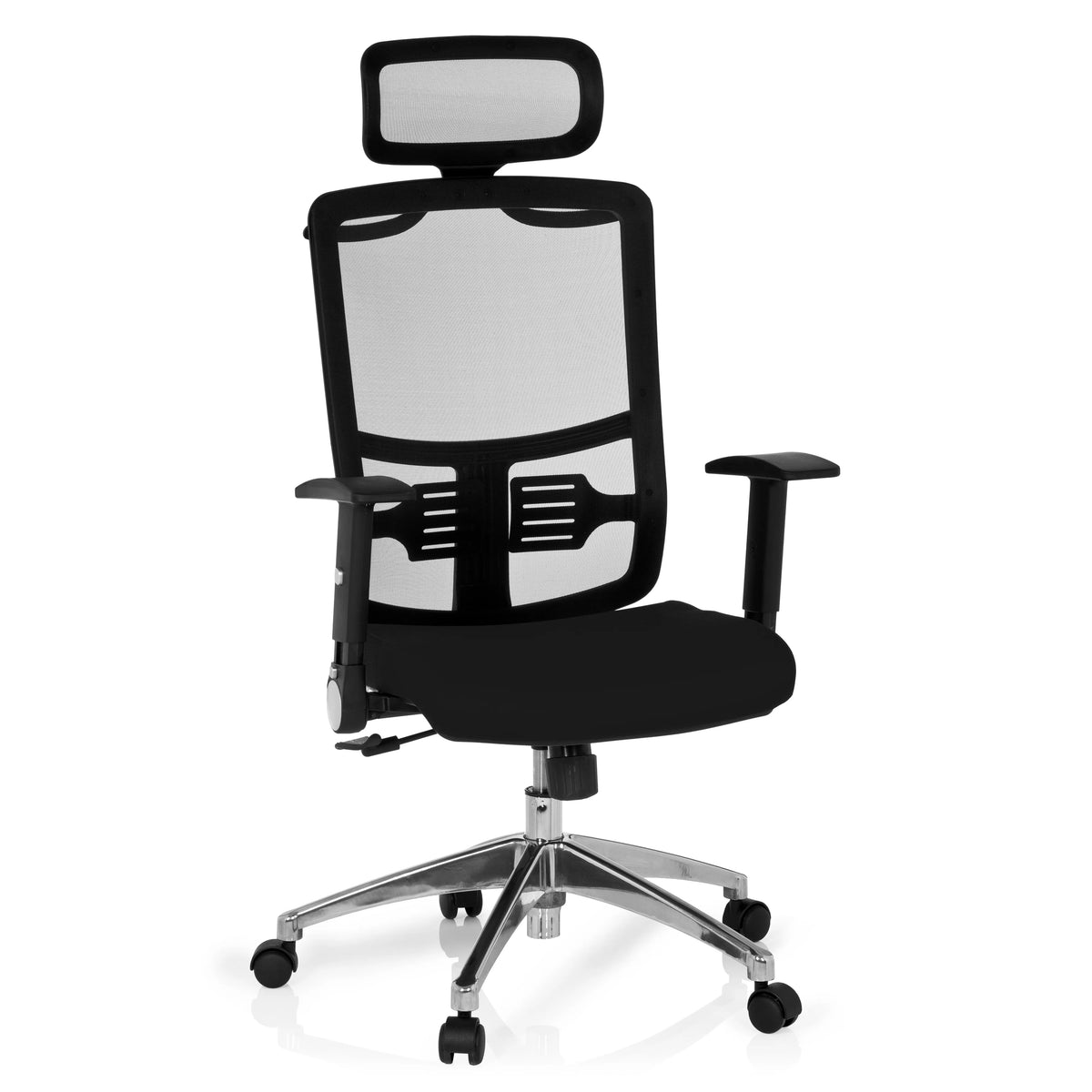Svart Professionell kontorsstol CAYEN med nätrygg, nackstöd och femhjulig fotkorsbas från hjh OFFICE – 360-gradersvy (framifrån 20°)