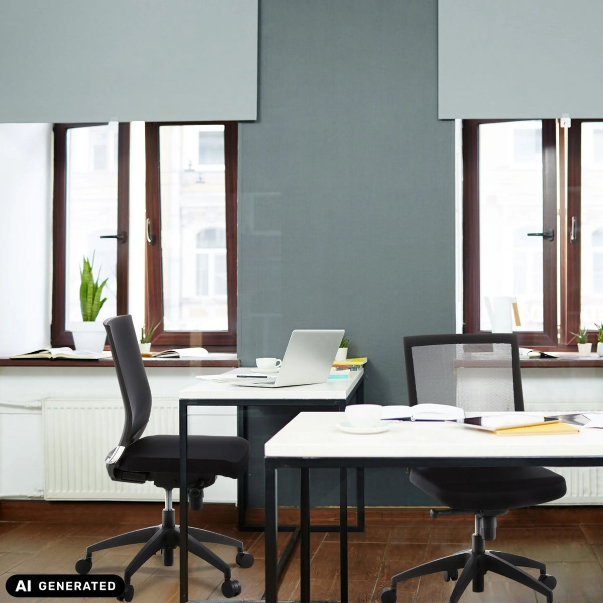Professionell kontorsstol PORTO PRO i svart i ett kontor från hjh OFFICE (AI-genererad bild)