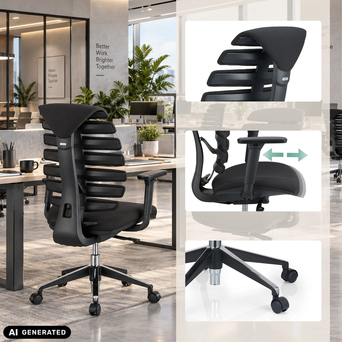 Svart professionell kontorsstol ERGO LINE II med justerbara armstöd och hjul från hjh OFFICE