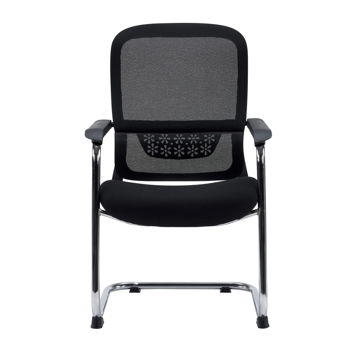 Svart Ergomy Meet fjädrande stol med nätrygg, armstöd och kromad ram från hjh OFFICE – 360-gradersvy (framifrån 0°)