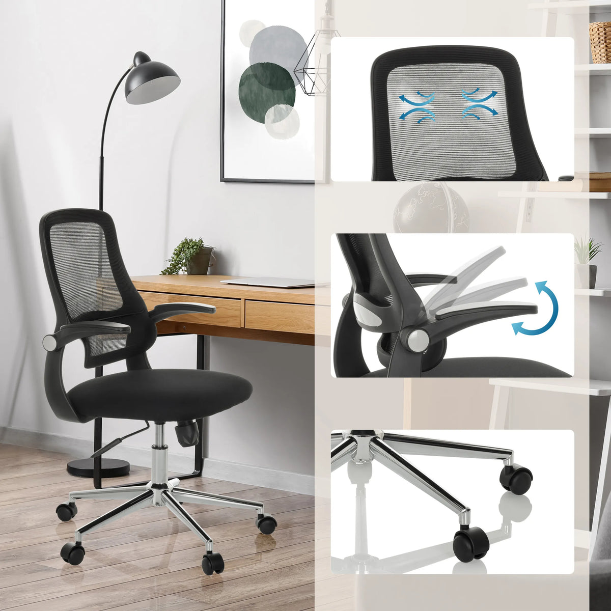 Svart Home Office kontorsstol MIKO B ECO med nätrygg, justerbara armstöd och hjul från hjh OFFICE
