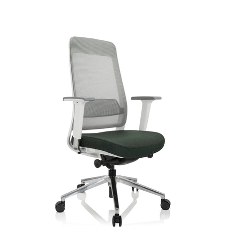 Professionell kontorsstol CHIARO T2 WHITE med grått nätryggstöd, mörkgrön sits och vit ram från hjh OFFICE