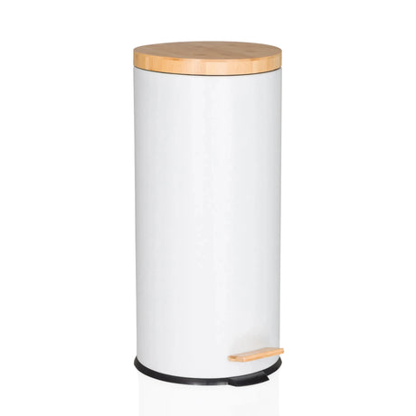 Vit papperskorg CLEAN BAMBOO med matt finish, bambulock och fotpedal från hjh OFFICE