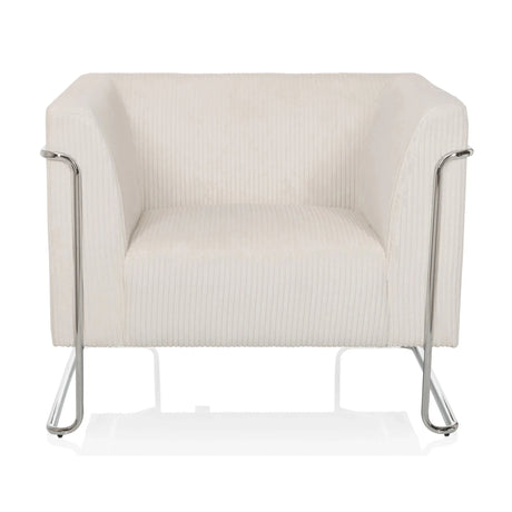 Vit Loungefåtölj Curacao Cord med ribbad tygklädsel och silverfärgad metallram från hjh LIVING