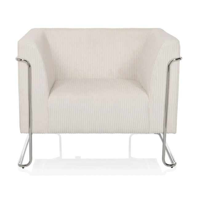 Vit Loungefåtölj Curacao Cord med ribbad tygklädsel och silverfärgad metallram från hjh LIVING