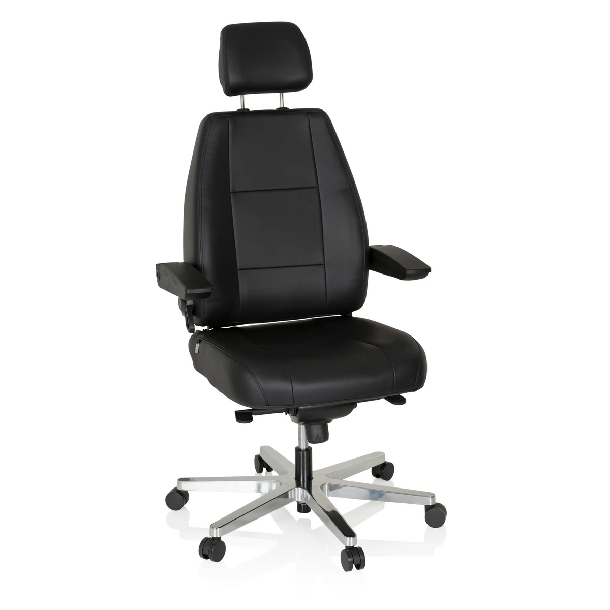 Svart XXL snurrstol 24 HOURS i läder med nackstöd och femhjulig fotkorsbas från hjh OFFICE – 360-gradersvy (framifrån 20°)