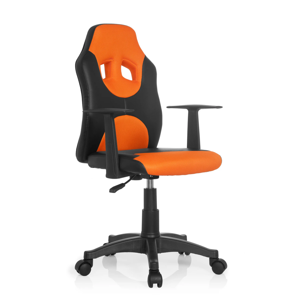 Svart-orange Snurrstol för barn KID GAME AL med nätrygg och femhjulig fotkorsbas från hjh OFFICE – 360-gradersvy (snett framifrån 40°)
