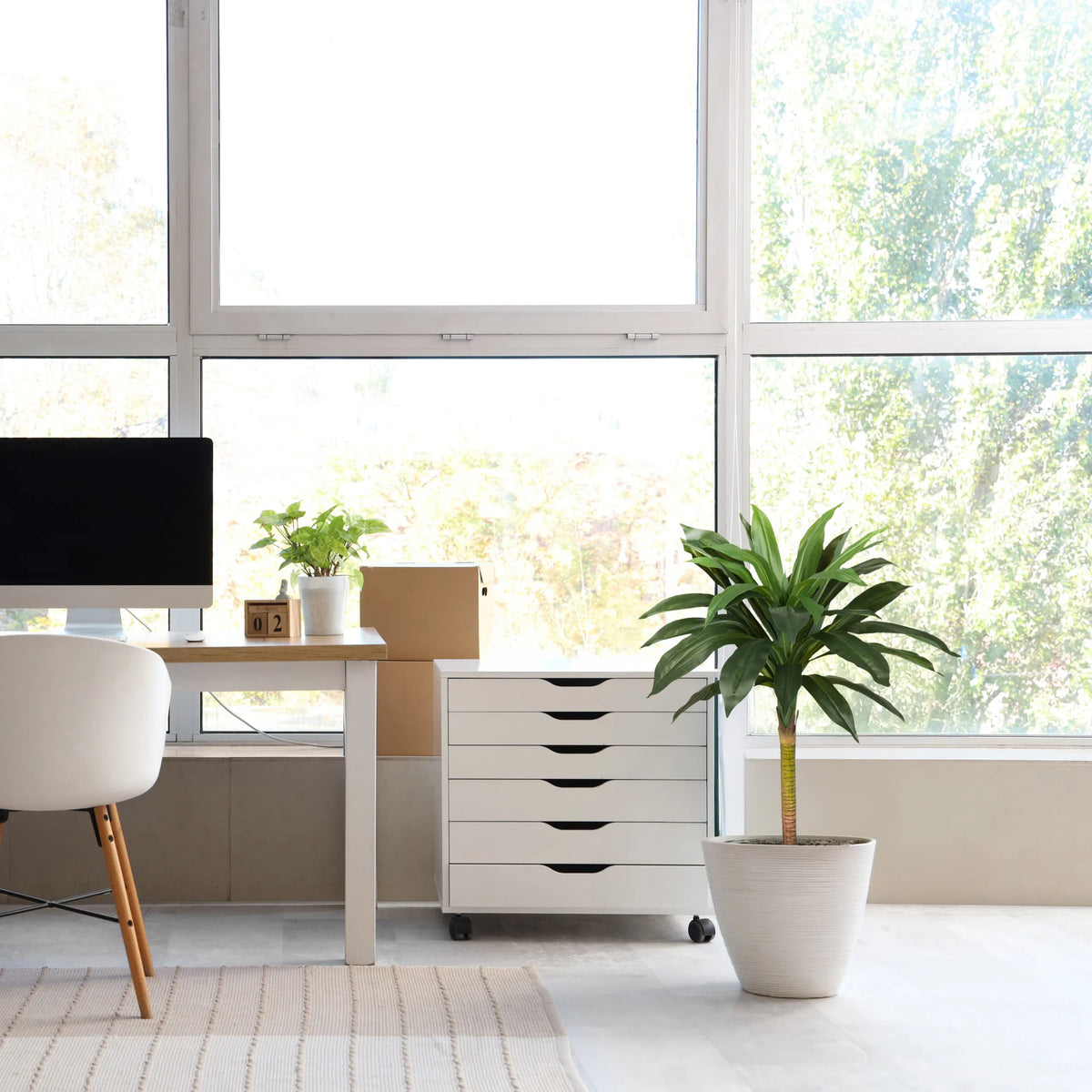 Konstgjord växt DRACAENA I i grönt med en vit ytterkruka i ett ljust rum från hjh OFFICE