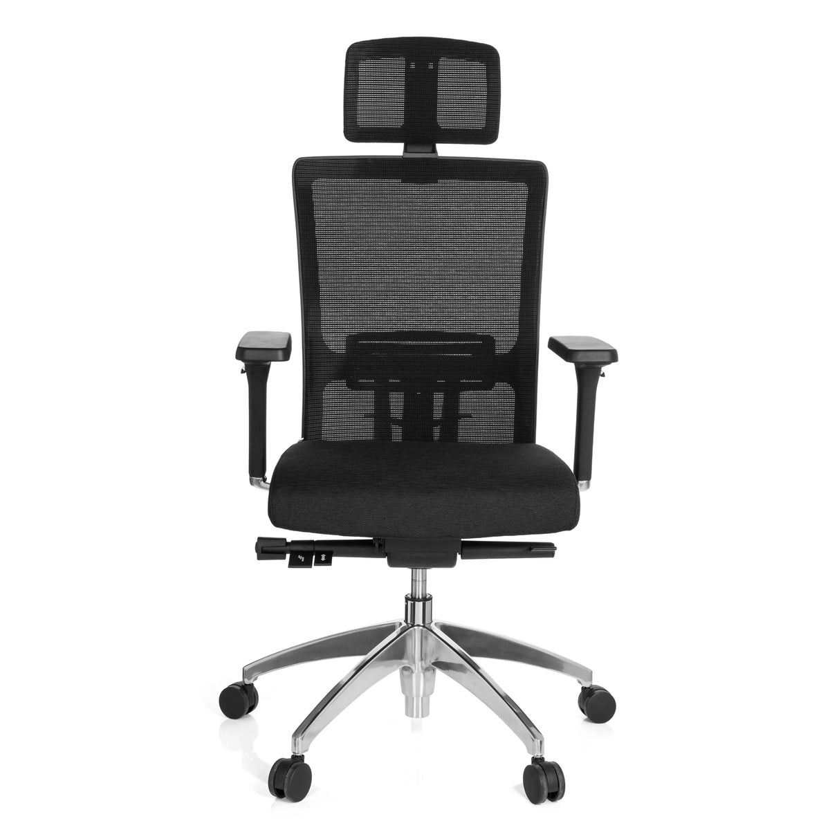 Svart Professionell kontorsstol ASTRA LUX med nätrygg, nackstöd och femhjulig fotkorsbas från hjh OFFICE – 360-gradersvy (framifrån 0°)