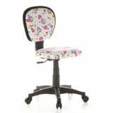 Snurrstol för barn KIDDY TOP med färgglatt hjärt- och blommönster samt femhjulig fotkorsbas från hjh OFFICE – 360-gradersvy (snett framifrån 40°)