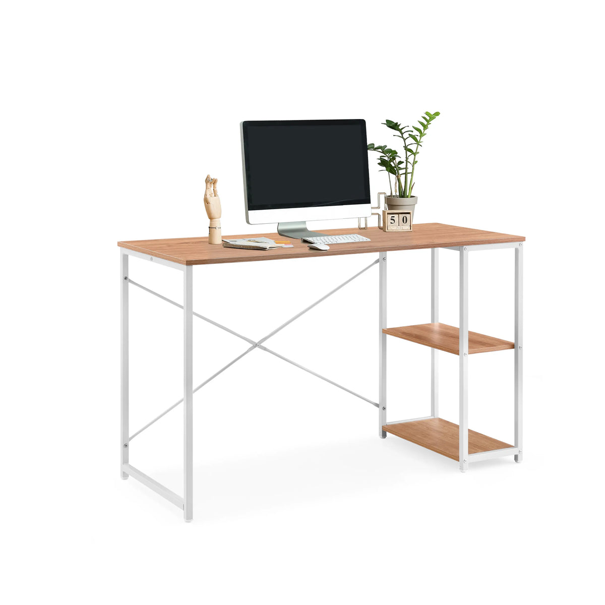 Skrivbord Easy Up2 i vitt och ek med två integrerade förvaringsfack och vit metallram från hjh LIVING