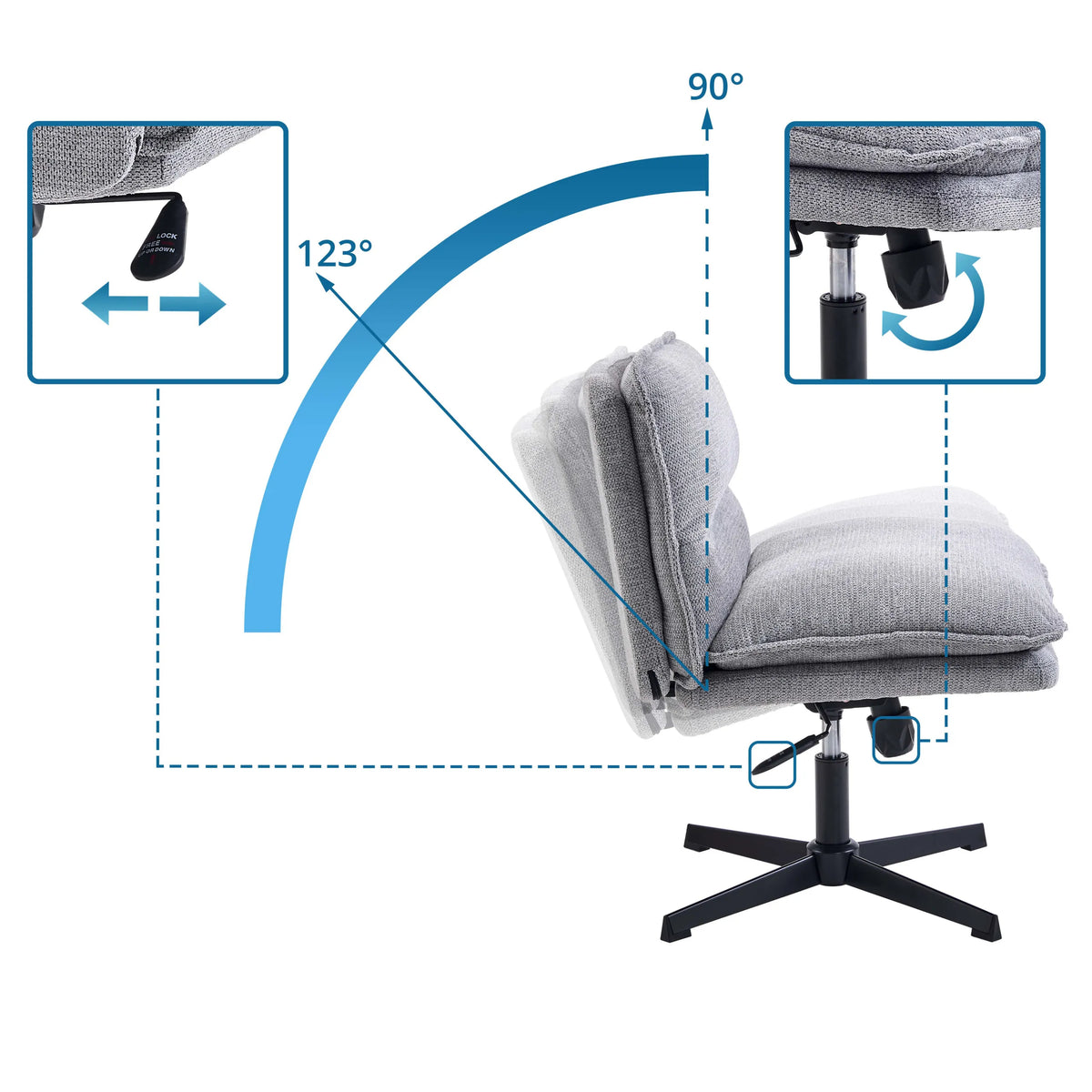 Justerbart ryggstöd på loungefåtöljen Criss-Cross 20 med lutningsvinklar på 90° och 123° från hjh LIVING