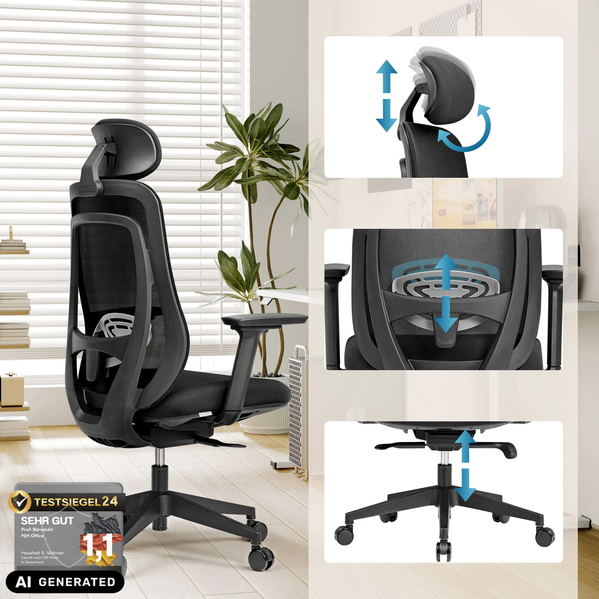 Justerbart nackstöd, svankstöd och gaslift på den professionella kontorsstolen Vivadapt från hjh OFFICE (AI-genererad bild)