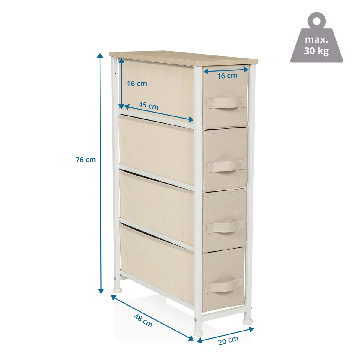 Måttritning av Byrå FOLDRESS S med 76 × 48 cm och fyra lådor från hjh LIVING