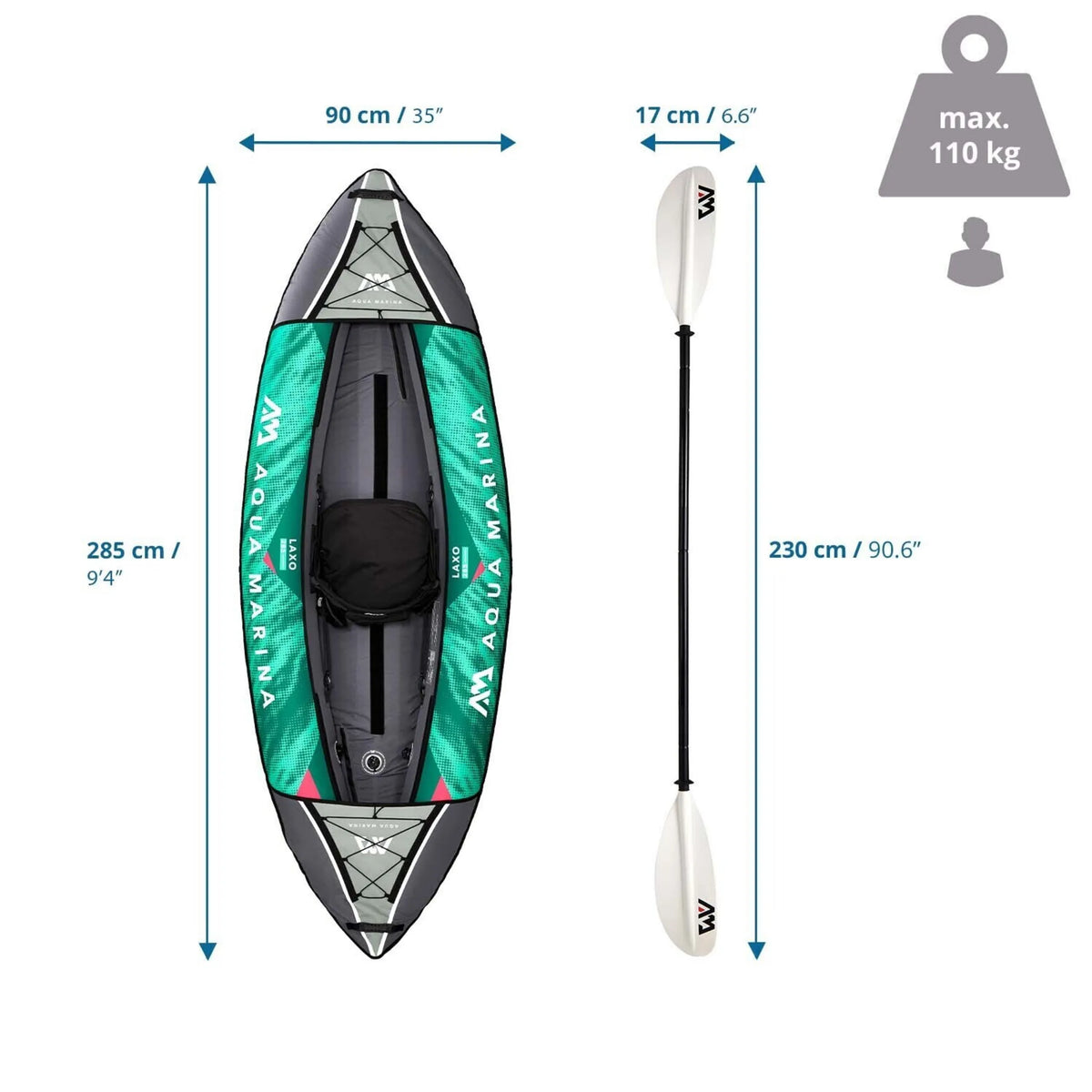 Teknisk ritning av den Uppblåsbar kajak LAXO-285 på 285 × 90 cm från Aqua Marina