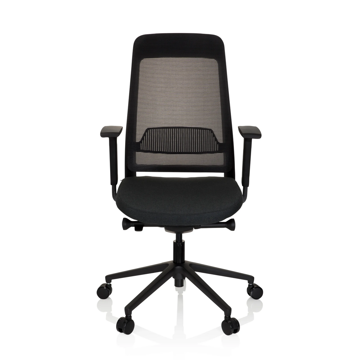 Svart Professionell kontorsstol CHIARO T1 BLACK med nätrygg och femstjärnigt fotkors med hjul från hjh OFFICE – 360-gradersvy (framifrån 0°)