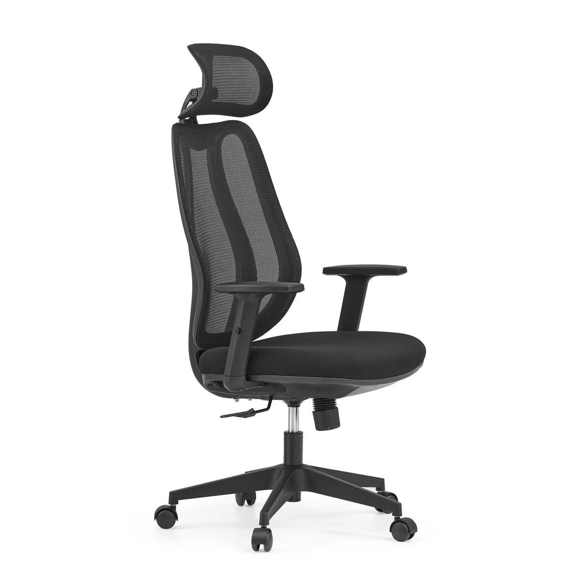Svart professionell kontorsstol Filaro med nätrygg, nackstöd och femstjärnigt fotkors med hjul från hjh OFFICE – 360-gradersvy (snett framifrån 60°)