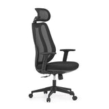 Svart professionell kontorsstol Filaro med nätrygg, nackstöd och femstjärnigt fotkors med hjul från hjh OFFICE – 360-gradersvy (snett framifrån 60°)