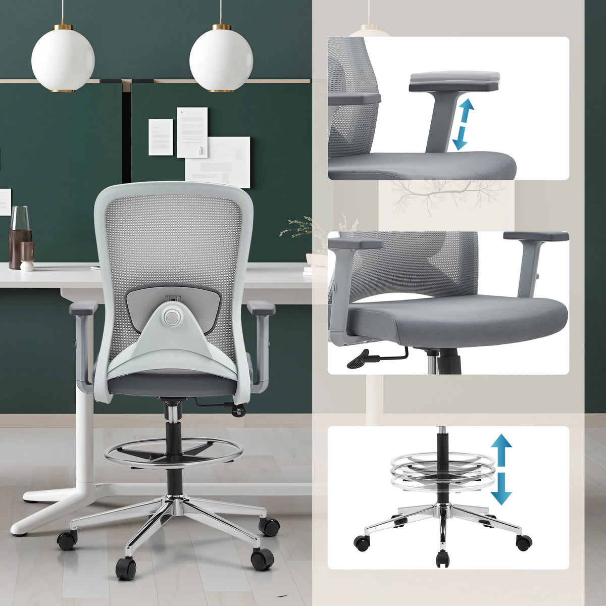 Grå Bardiskstol Top Work 44 W med höjdjusterbara armstöd och fotring från hjh OFFICE