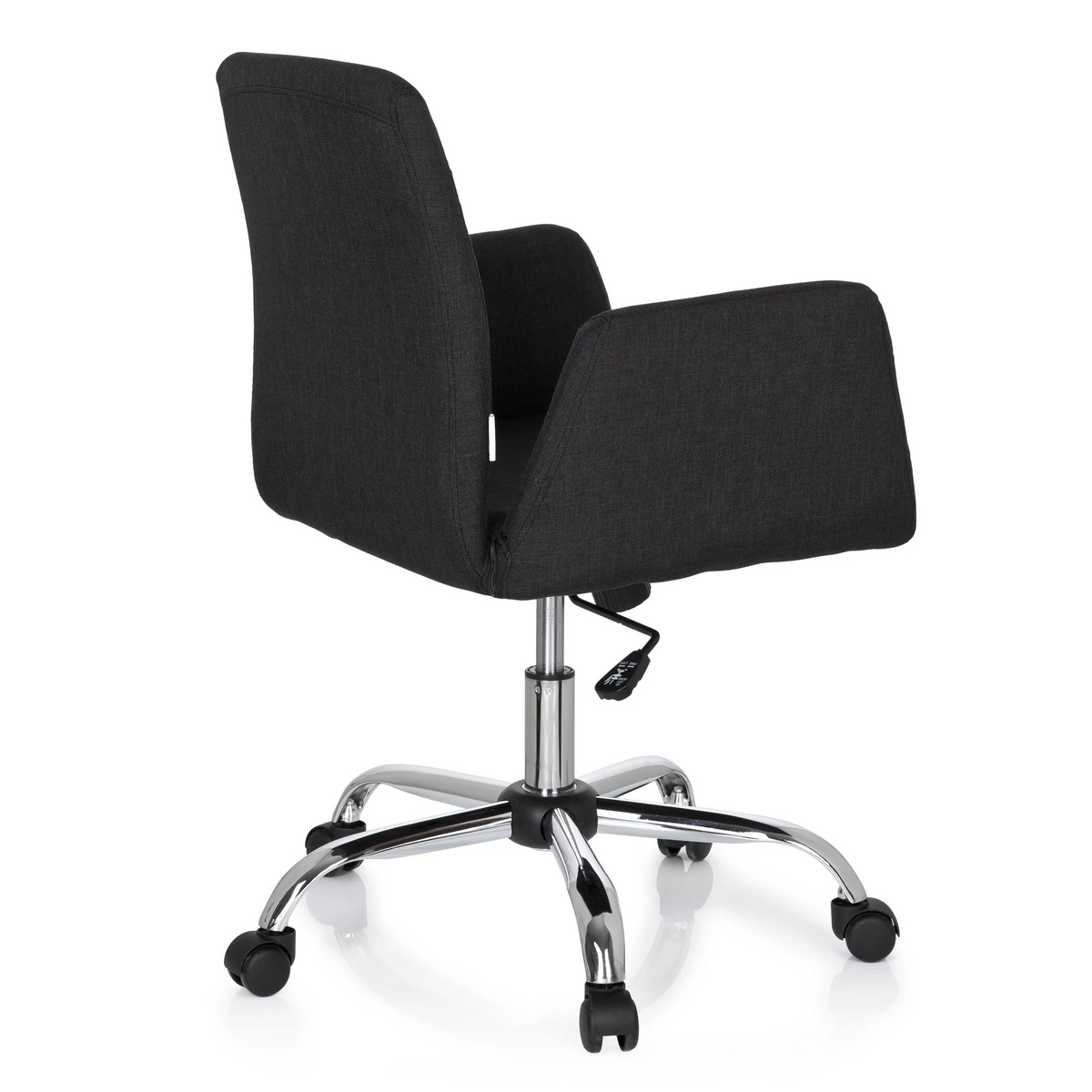 Svart Home Office kontorsstol FLOW med armstöd och blankt femstjärnigt underrede med hjul från hjh OFFICE – 360-gradersvy (snett bakifrån 120°)