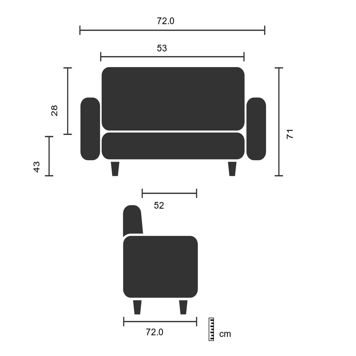 Teknisk ritning av den Stoppad fåtölj BARBADOS med 72 × 71 cm från hjh OFFICE