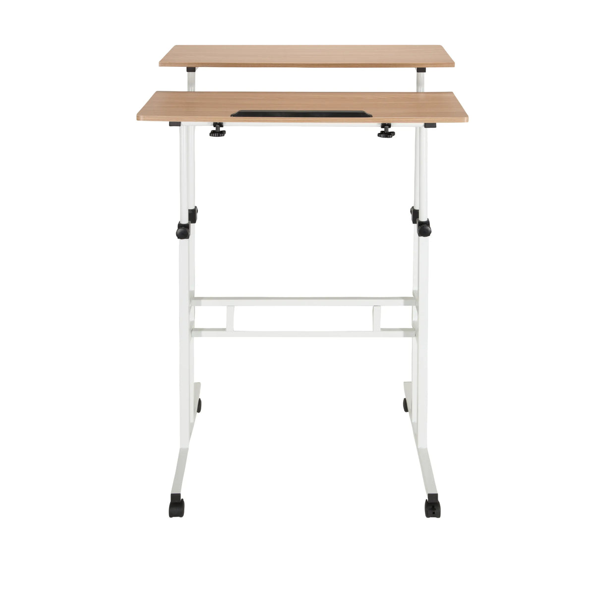 Vitt Ståskrivbord WORKSTATION I med ekbordsskiva och hjul från hjh OFFICE – 360-gradersvy (framifrån 0°)