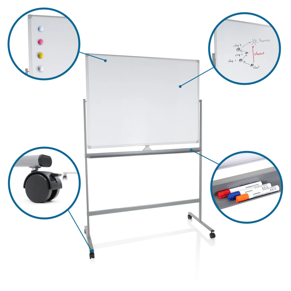 Whiteboard MULTIBOARD I i vit-silver med hjul, magnetiska markörer och avställningshylla från hjh OFFICE
