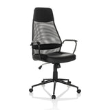 Svart Home Office chefsfåtölj MARCOZ med nätrygg och femhjulig fotkorsbas från MyBuero – 360-gradersvy (snett framifrån 30°)