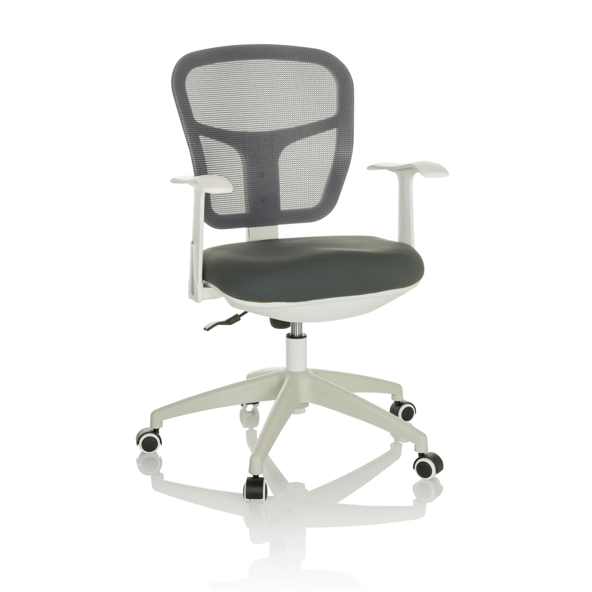 Grå Home Office kontorsstol TOP 108 W med nätrygg och femstjärnigt fotkors med hjul från hjh OFFICE – 360-gradersvy (framifrån 15°)