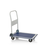 Blau-weißer Plattformwagen CARRY mit klappbarem Griff und vier Rollen von hjh OFFICE – 360-Grad-Ansicht (Frontansicht 0°)