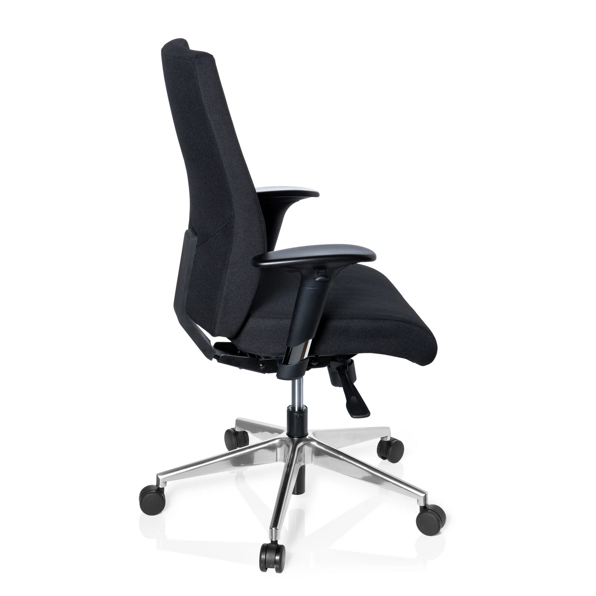 Svart Professionell kontorsstol PRO-TEC 250 med armstöd och femhjulig stjärnfot från hjh OFFICE – 360-gradersvy (sidoprofil 100°)