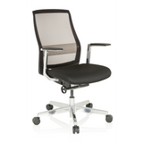Schwarzer High-End-Bürostuhl FOUNTAINE PRO mit Netzrücken und Fußkreuz mit fünf Rollen von hjh OFFICE – 360-Grad-Ansicht (schräge Frontansicht 40°)