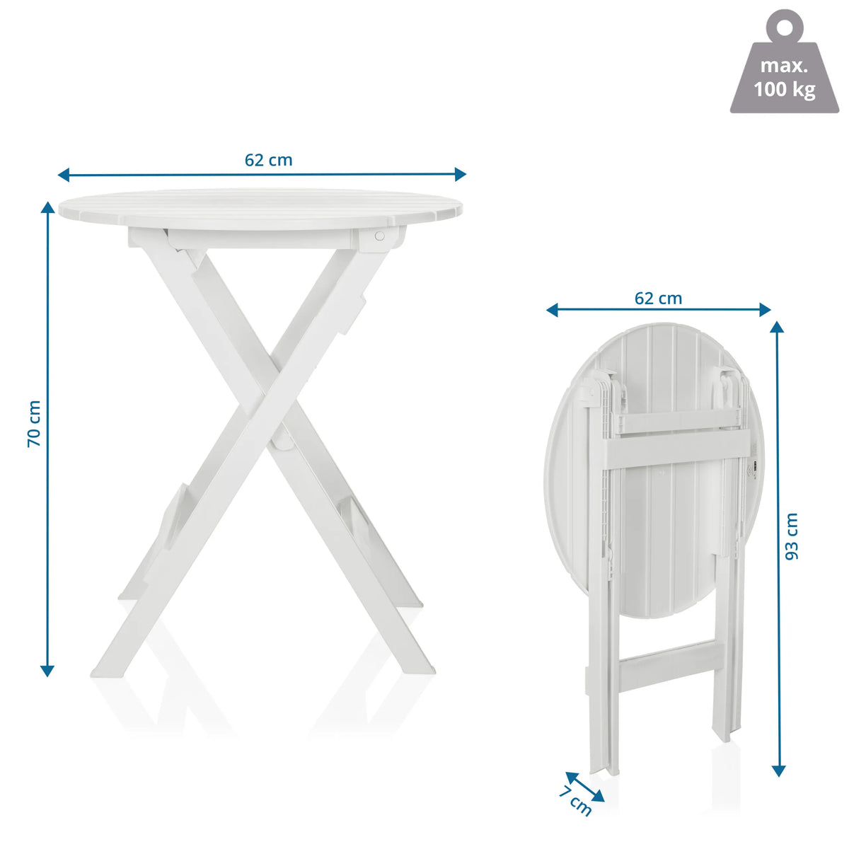 Måttskiss av det Hopfällbart bord TRAVANO T med 62 × 62 cm och en höjd på 70 cm från hjh LIVING