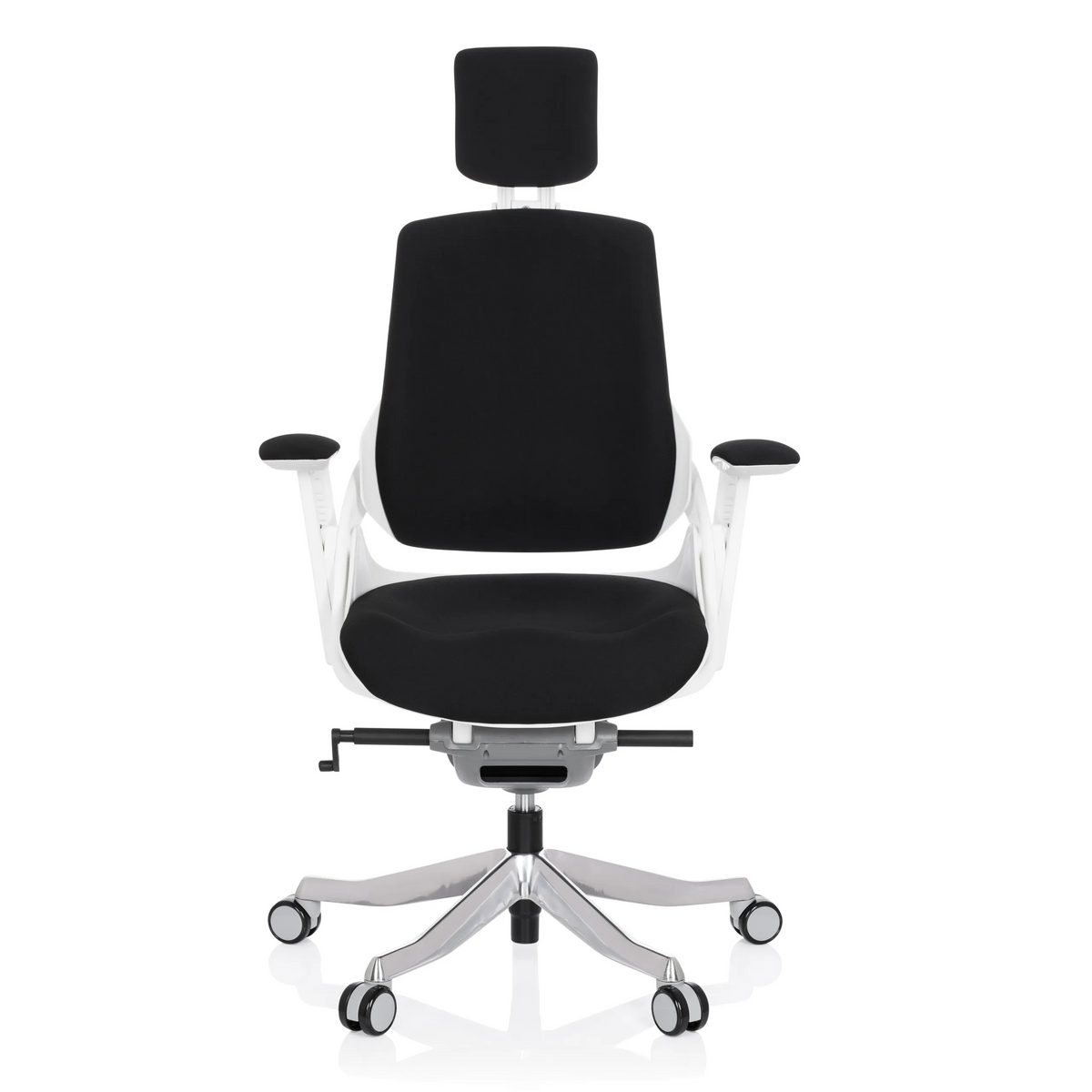 Svart Professionell kontorsstol SPEKTRE med nackstöd och femstjärnig fotkorsbas med hjul från hjh OFFICE – 360-gradersvy (framifrån 0°)