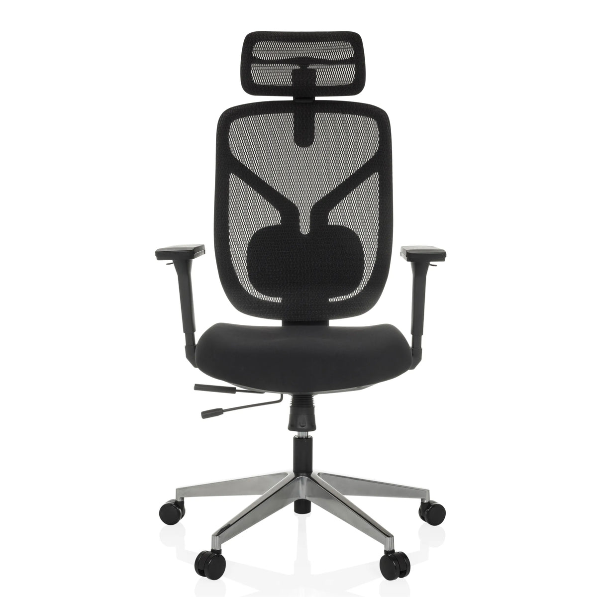 Svart Hög kontorsstol CASSILIS B med nätrygg och femhjulig fotkorsbas från hjh OFFICE – 360-gradersvy (framifrån 0°)
