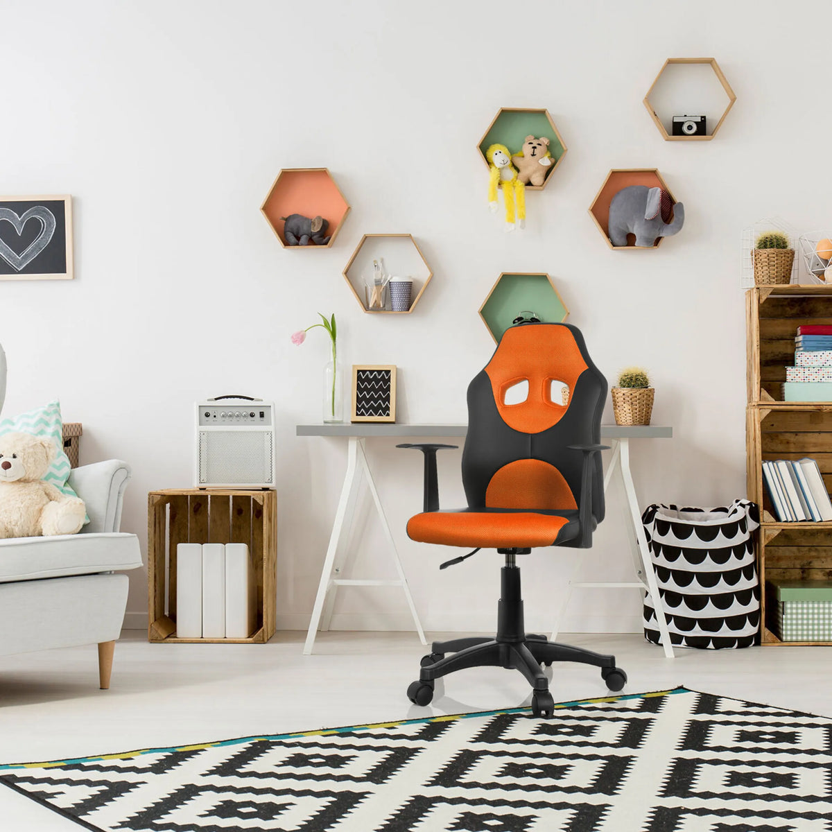 Snurrstol för barn KID GAME AL i svart och orange med hjul och armstöd från hjh OFFICE