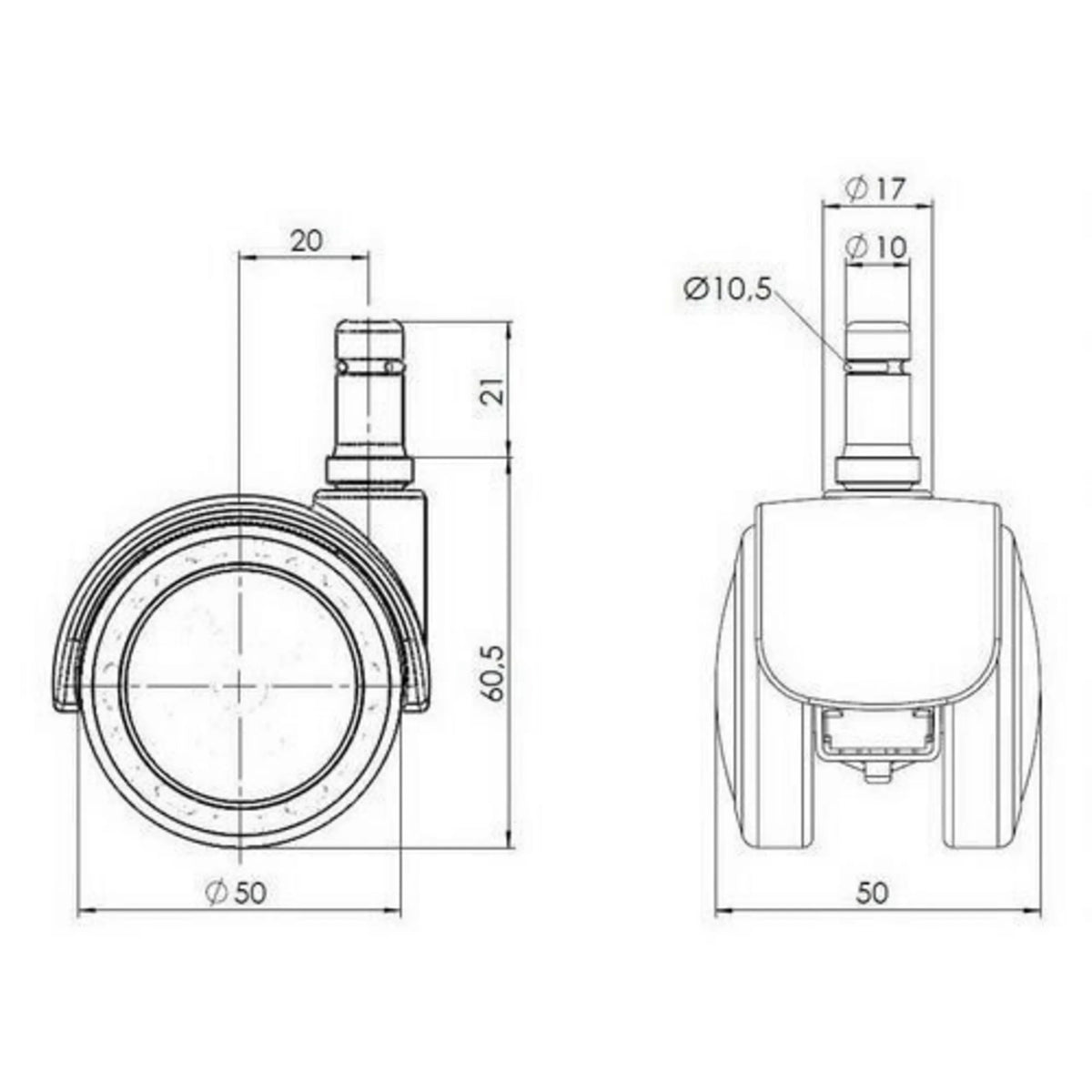 Teknisk ritning av Stol på hjul 5x ROLO FIX 10mm/50mm med en diameter på 50 mm från hjh OFFICE